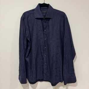Duchamp London navy black floral embossed button down shirt size 43 neck 17